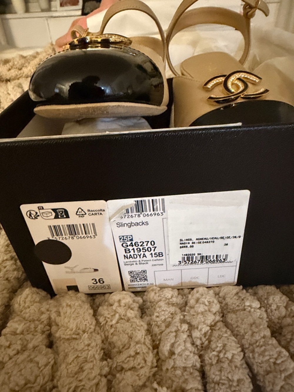 CHANEL Beige and Black Cap-Toe Slingback Sandals with CC Logo - Picture 6 of 6
